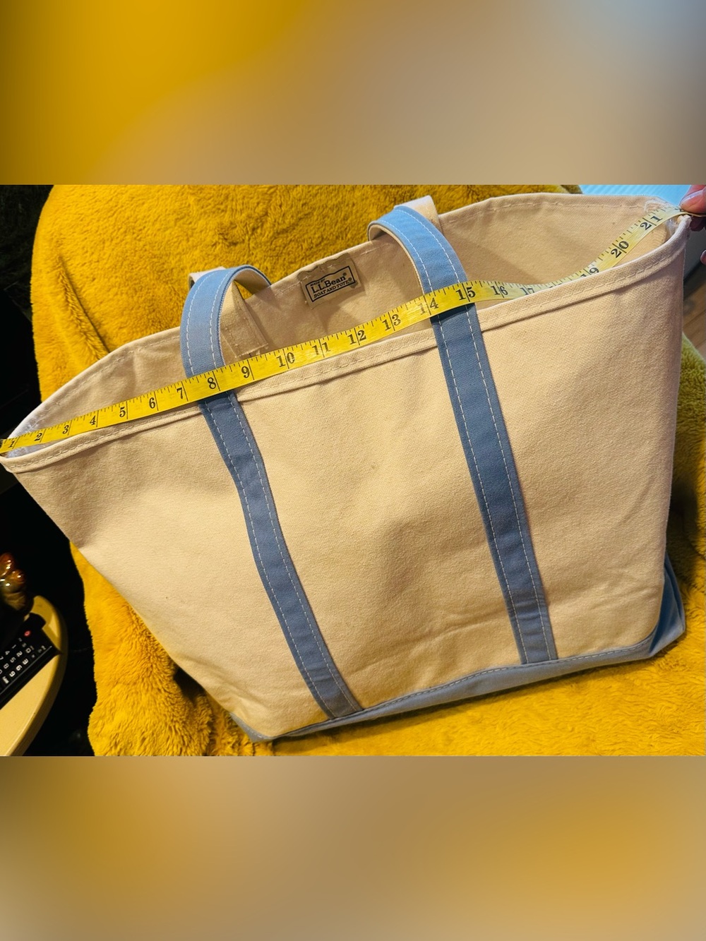 Vintage LL Bean Boat & Tote Cream Light Blue Trim Canvas Size L USA Beach Travel - Picture 5 of 8